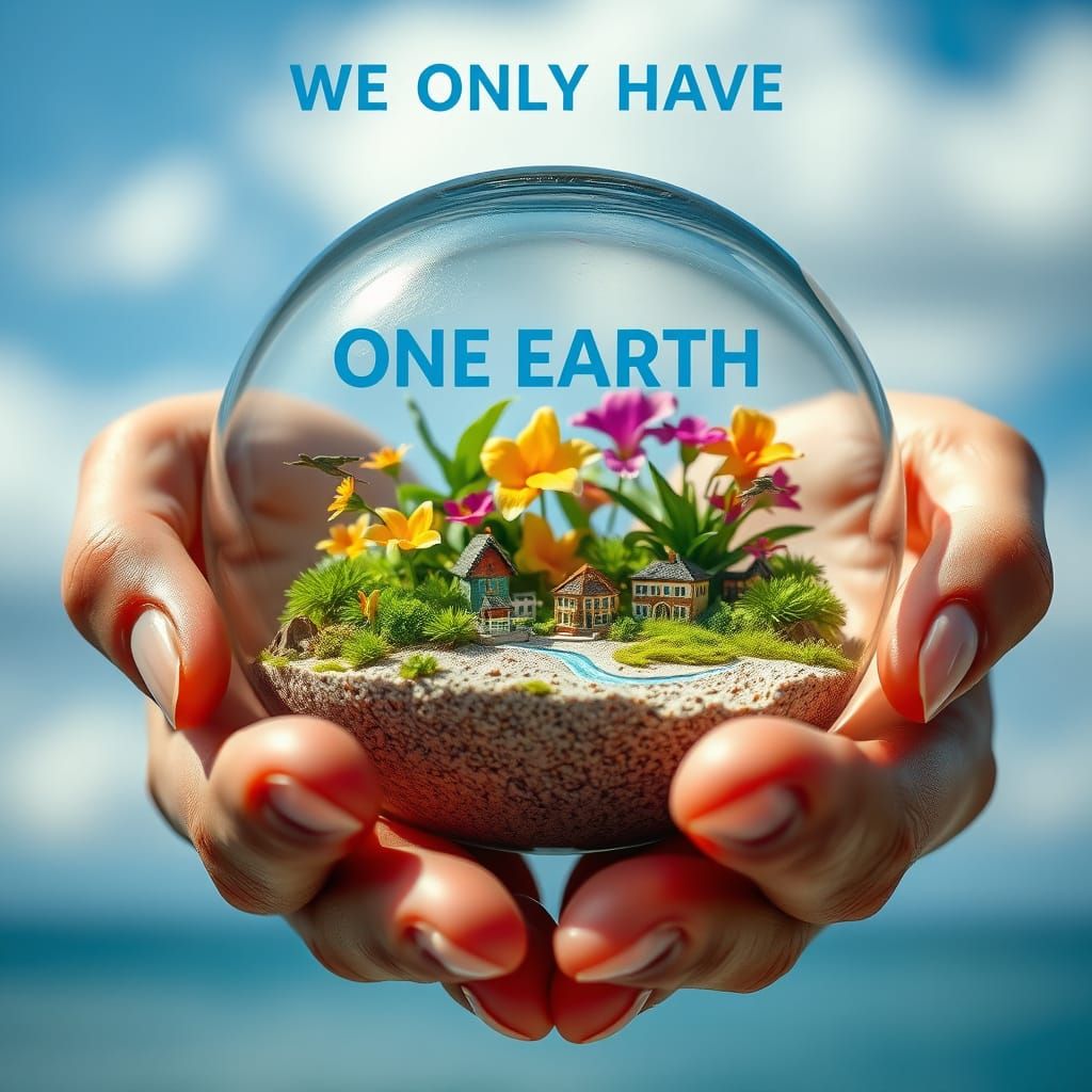 Human Hands Hold Delicate Glass Terrarium with Miniature Tro...