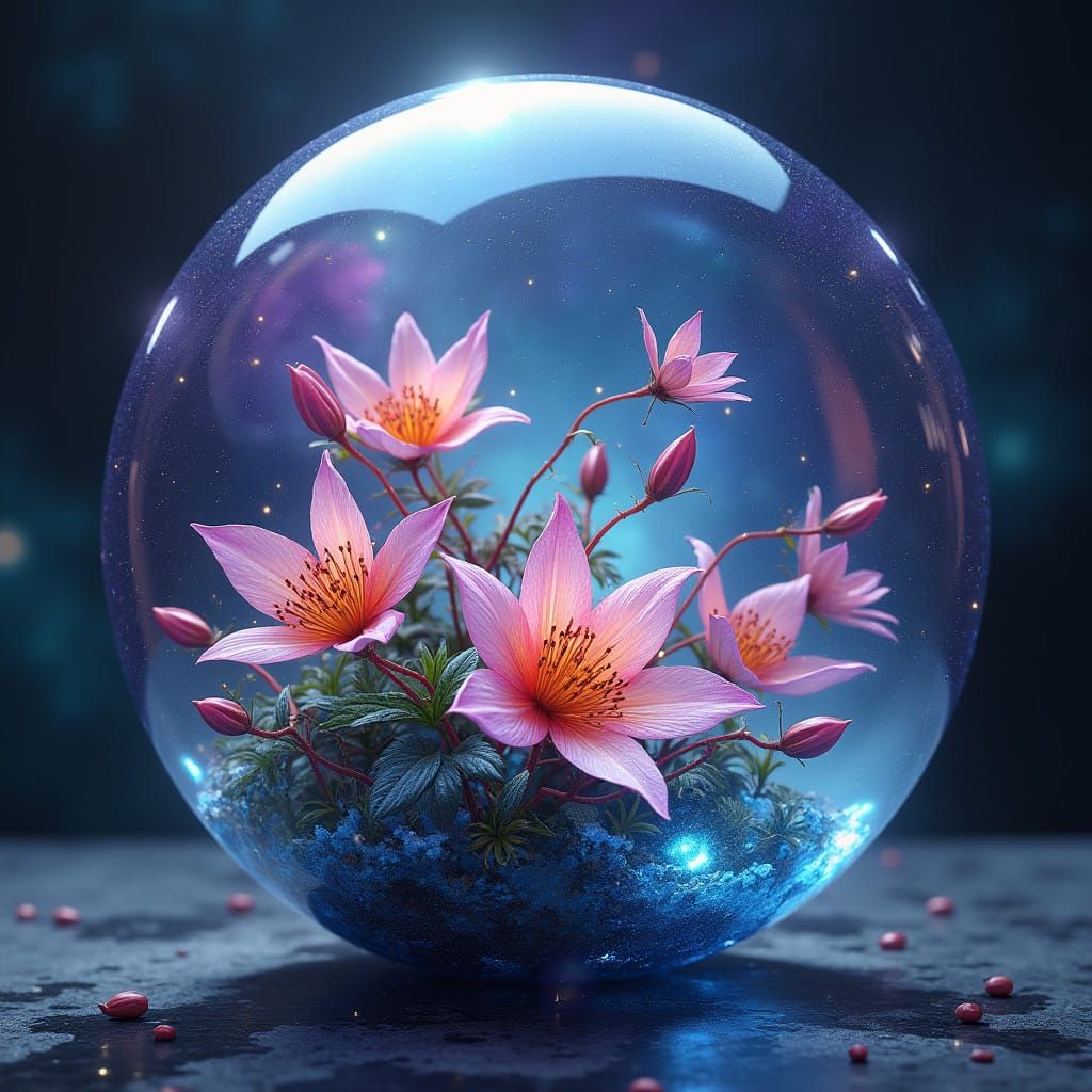 Enchanted Cosmic Garden with Galaxy in Glass Globe