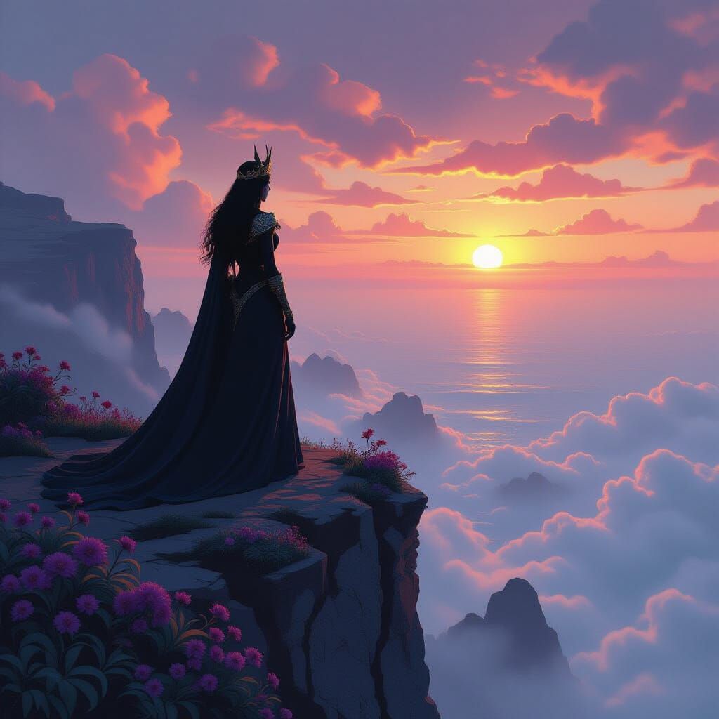 Regal Queen Overlooking Misty Ocean at Sunset in Vintage Pos...