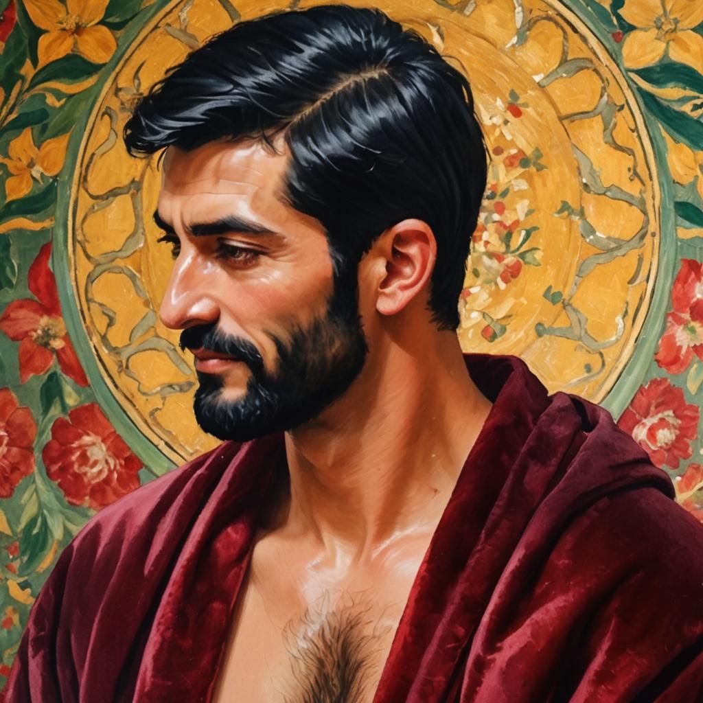 Handsome Man in Red Velvet Bathrobe: Impressionist Oil Paint...