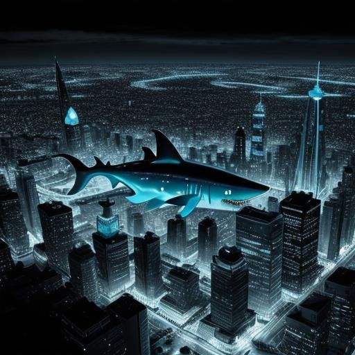Giant Blue Shark Cityscape in Simpsons Style