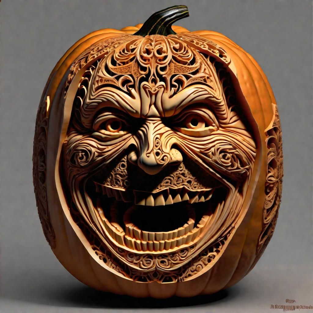 Intricately Carved Halloween Pumpkin Screaming in Desperatio...