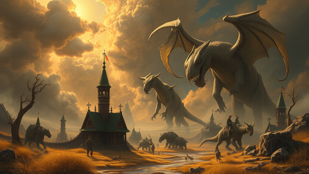 Fantastical Scene Inspired by Dinotopia, Oil Painting Style