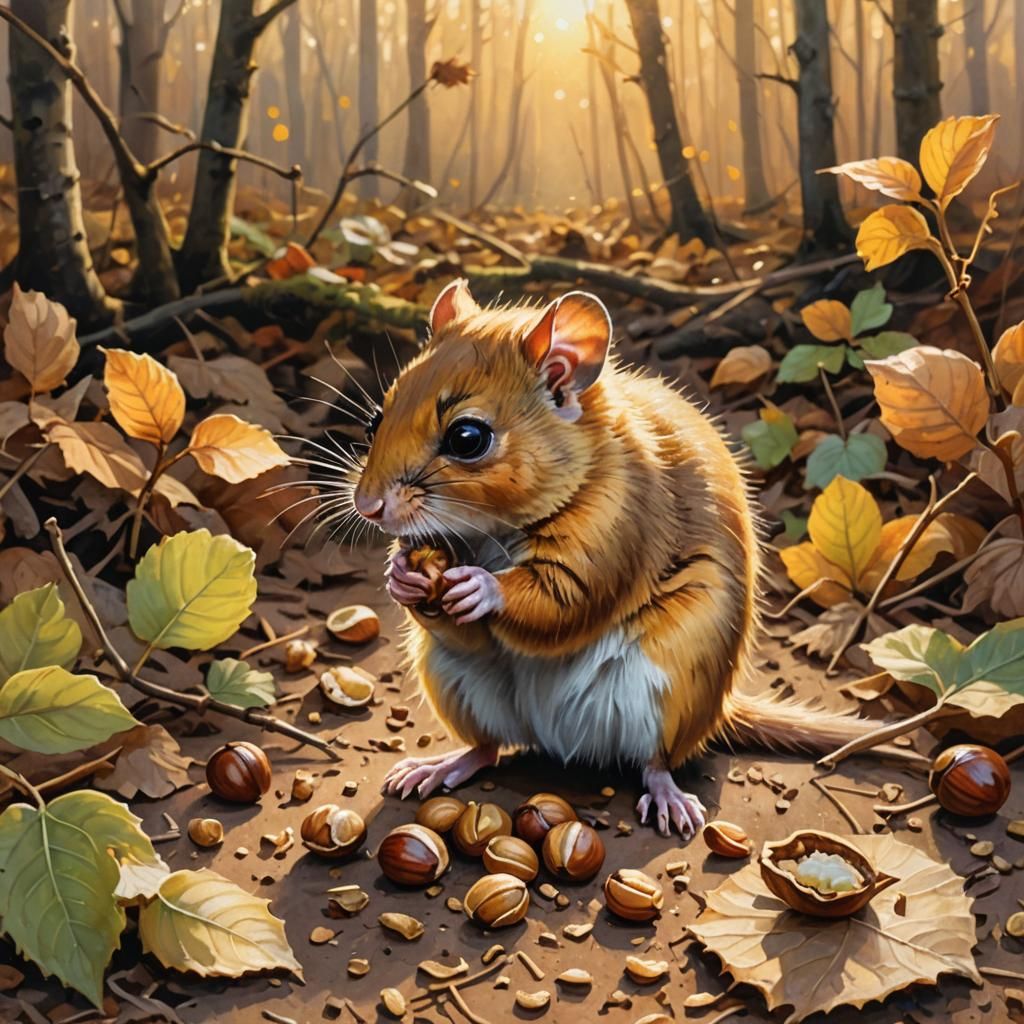 Hazel Dormouse in Autumn Forest, Oil Painting Style