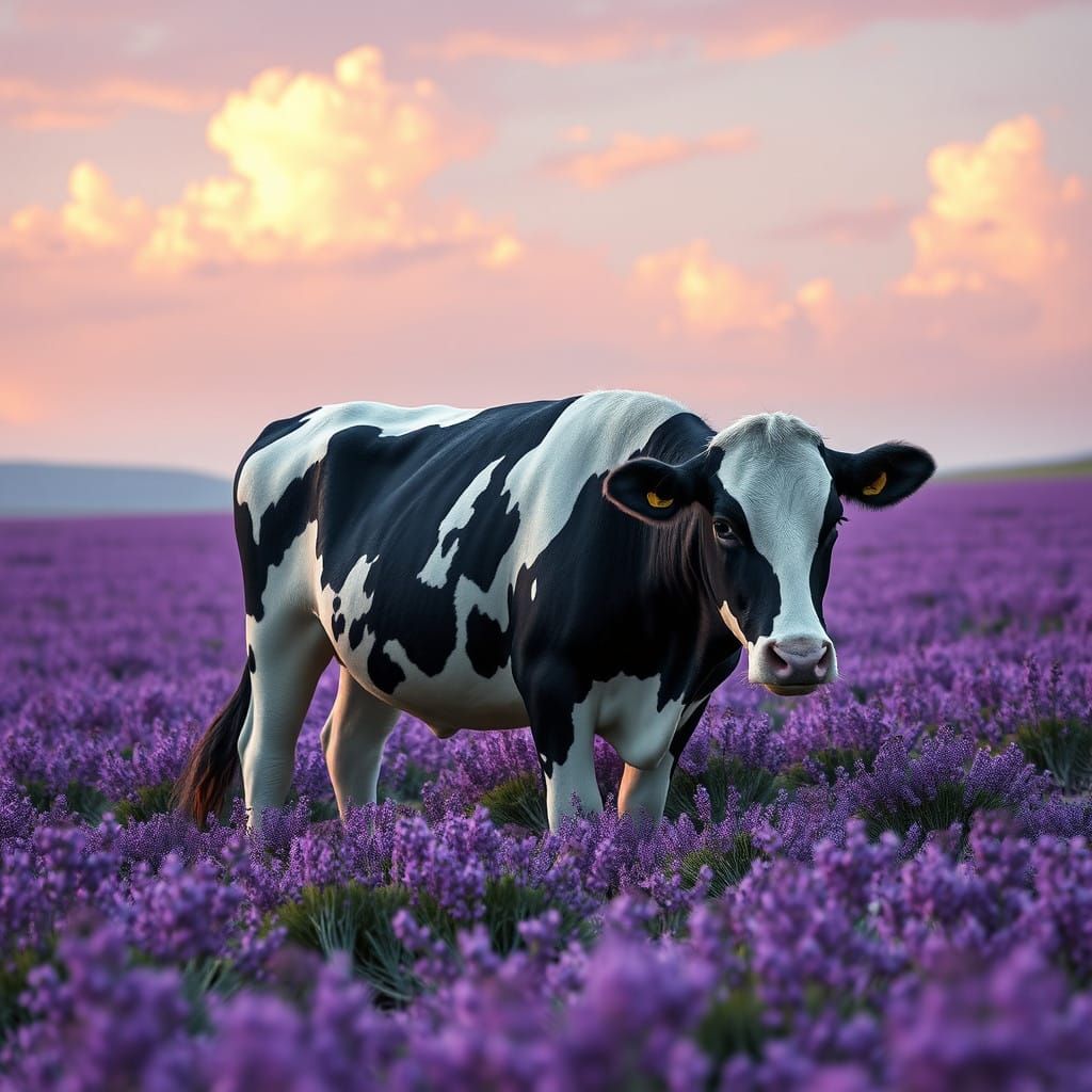 Dreamlike Purple Field with Majestic Black and White Cow