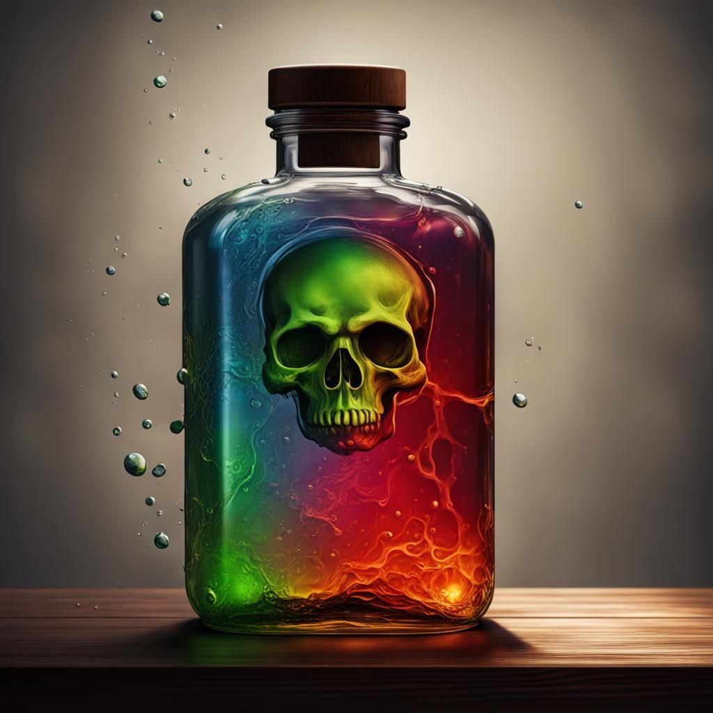 Hyperrealistic Poison Bottle on Dark Wood Shelf