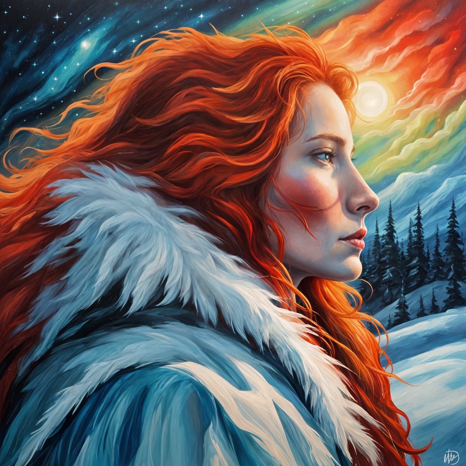 Northern Queen with Wolf Fur and Northern Lights
