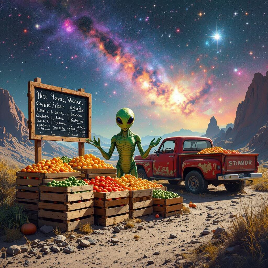 Cosmic Farmstand on Asteroid in Surreal Style