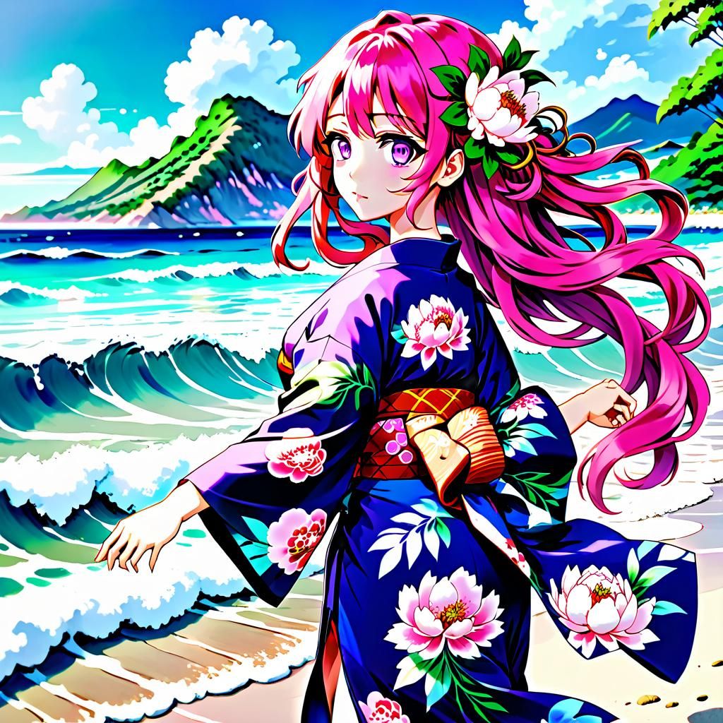 Anime Girl with Peony Yukata on Guam Beach