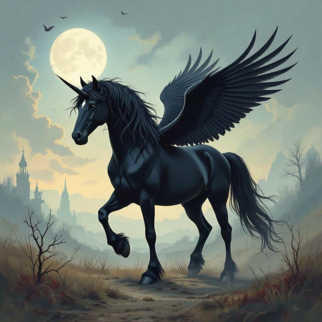 Mystical Raven Horse in Tim Burton Surrealism Style