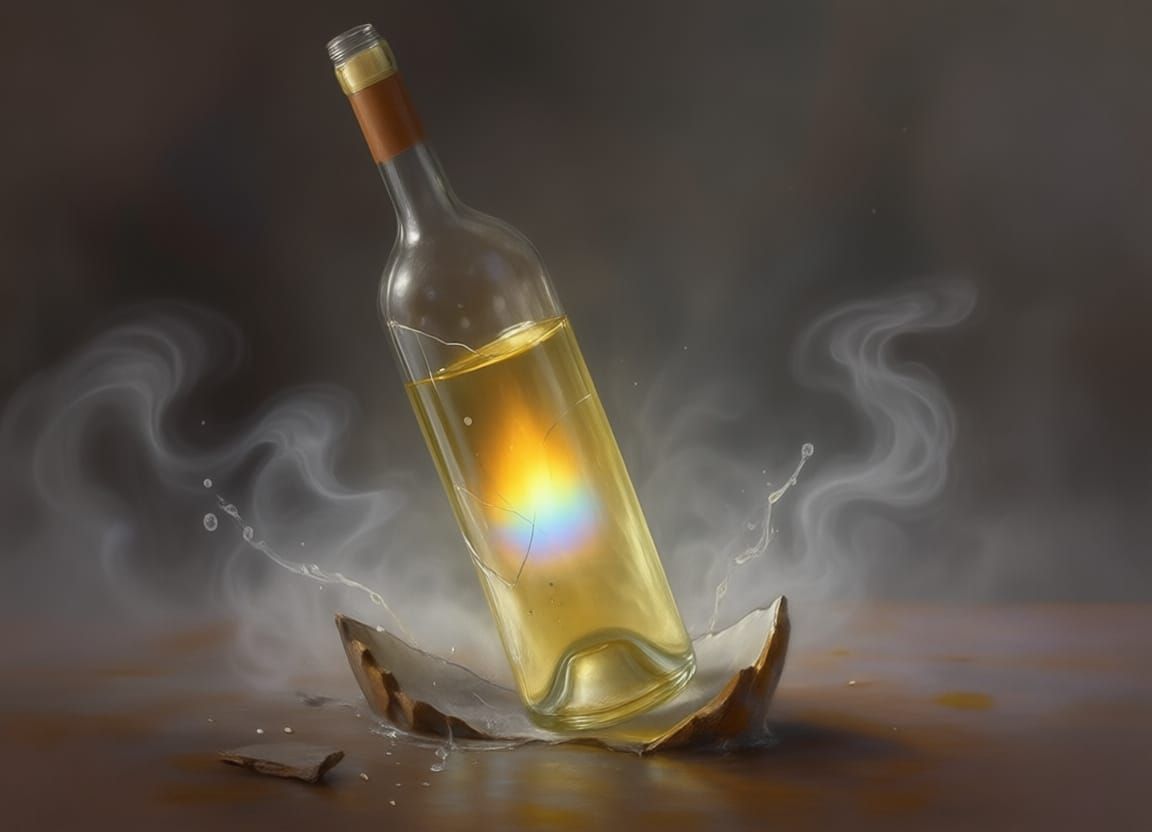 Shattered Wine Bottle Dripping Liquid in Ethereal Mist