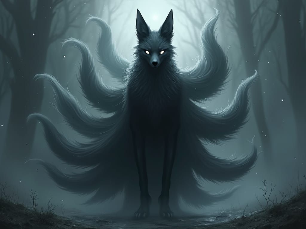 Menacing Kitsune Goddess in Dark Fantasy Realism