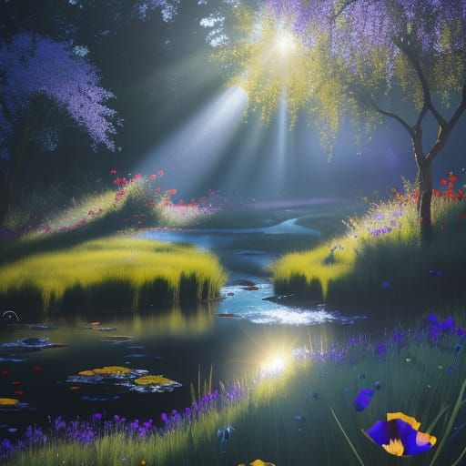 Sunlight Through Willow Tree onto Creek with Dragonfly