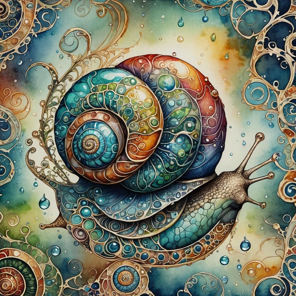 Fantasy Snail with Dewdrop Shell in Watercolor Style