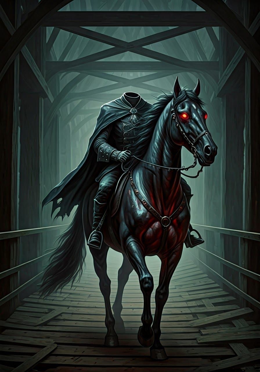 Headless Horseman Emerges from Foggy Bridge