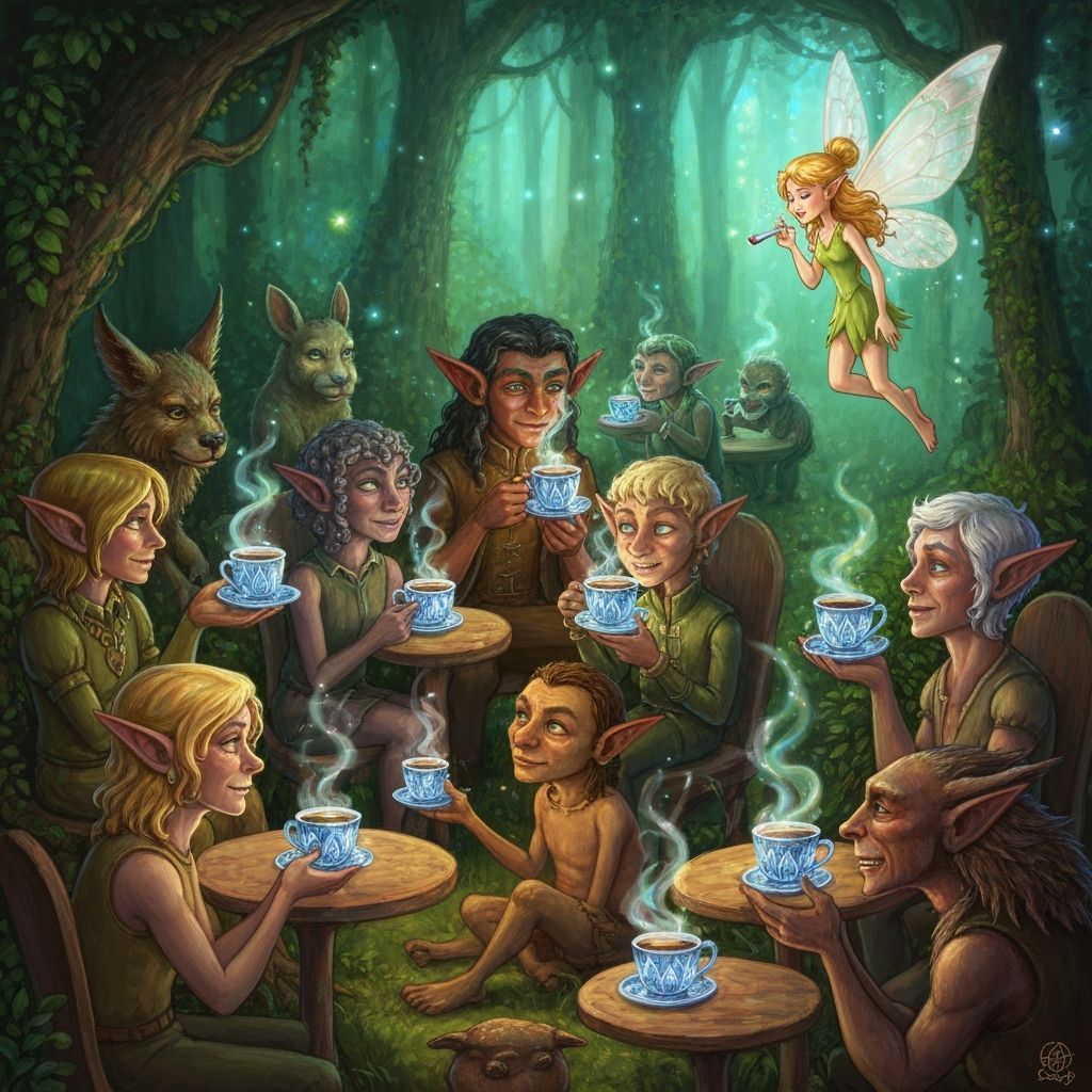 Enchanting Forest Cafe with Elves and Magical Creatures