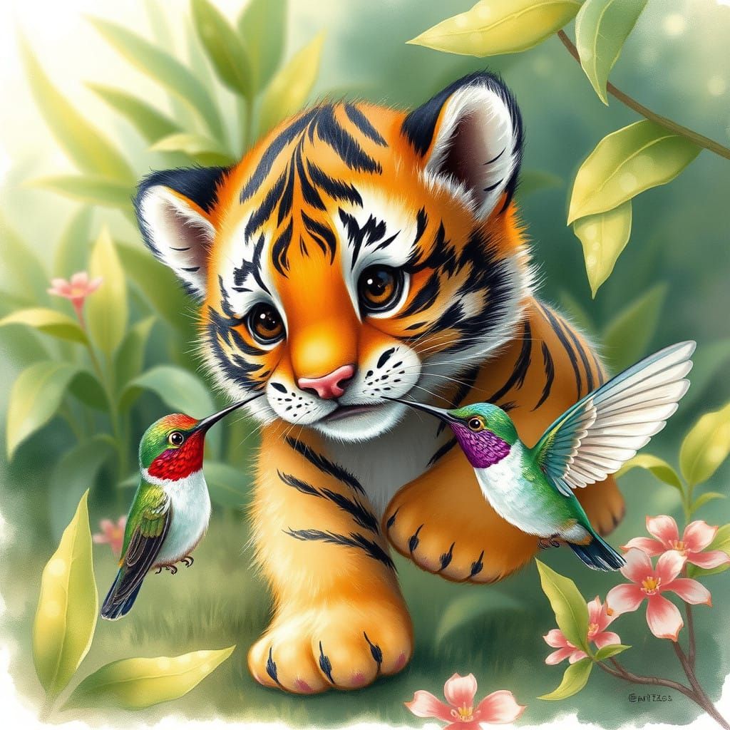 Whimsical Tiger Cub Chases Hummingbird in Enchanted Garden
