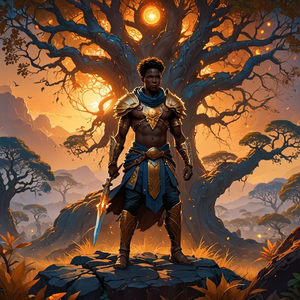 African Warrior Breaks Chains in Fantasy Landscape