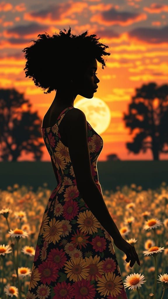 Vibrant Silhouette Portrait in Dazzling Dandelion Sunset