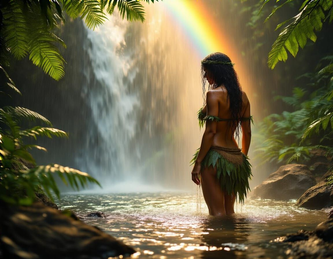Cavewoman Bathes in Sunlit Waterfall