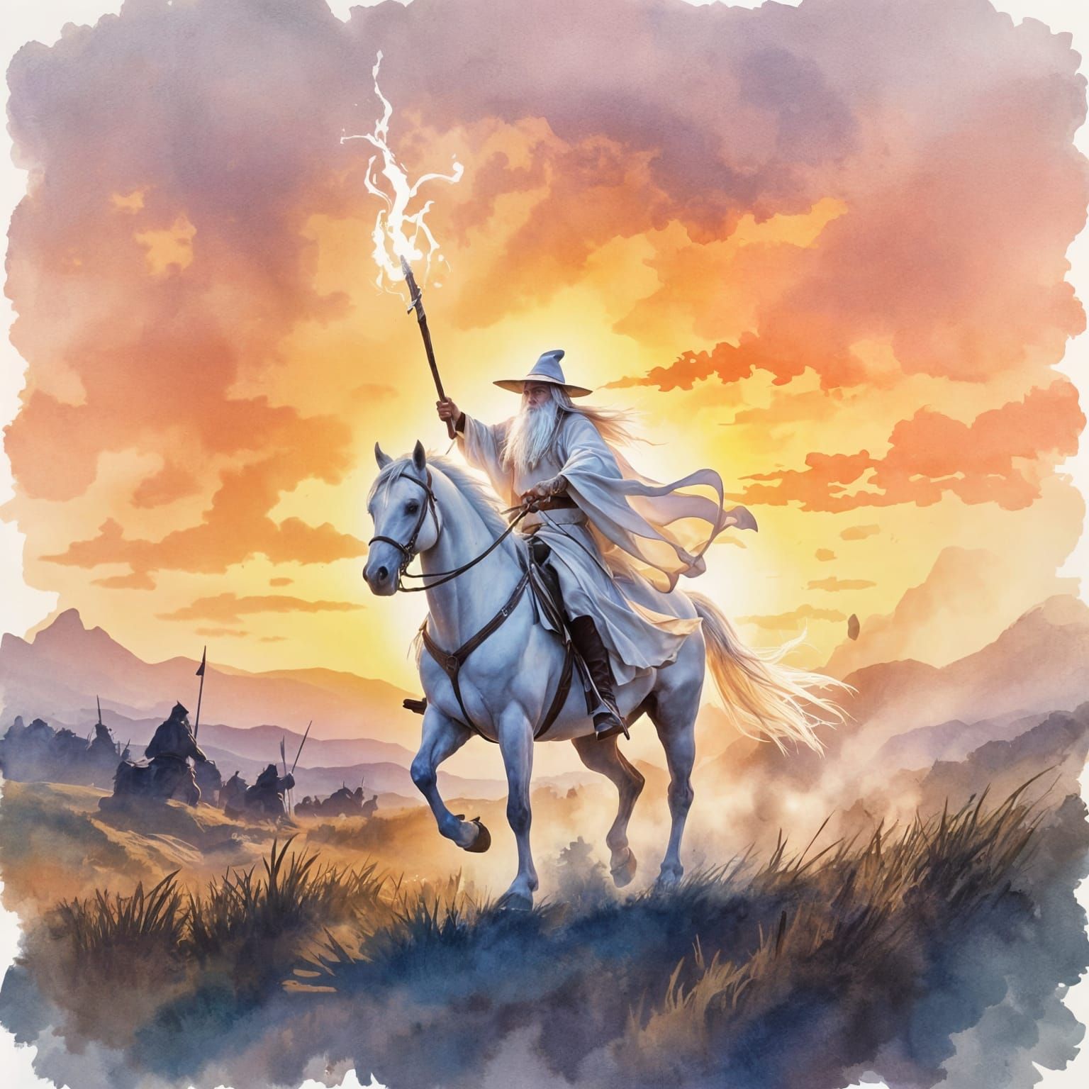 Gandalf the White Charges into Battle at Dawn in Watercolor