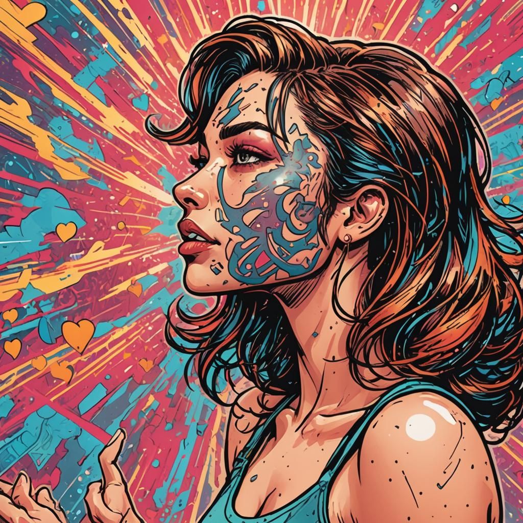 Girl Blushing with Heart in Comic Book Style