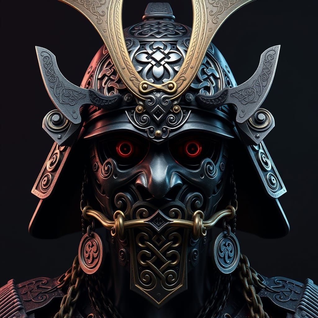 Cyberpunk Samurai Armor Helmet with Celtic Patterns and Chai...
