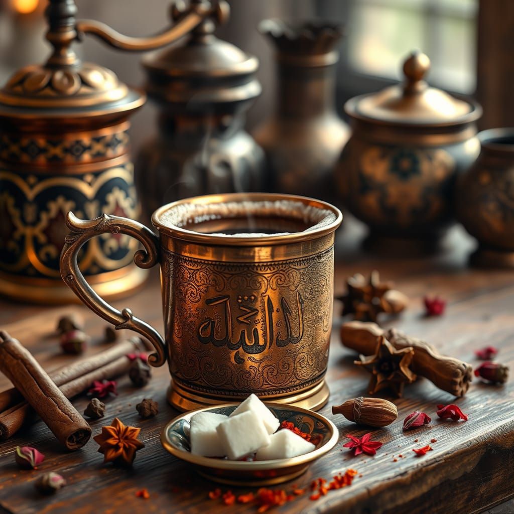 Traditional Turkish Coffee in Ornate Copper Cup