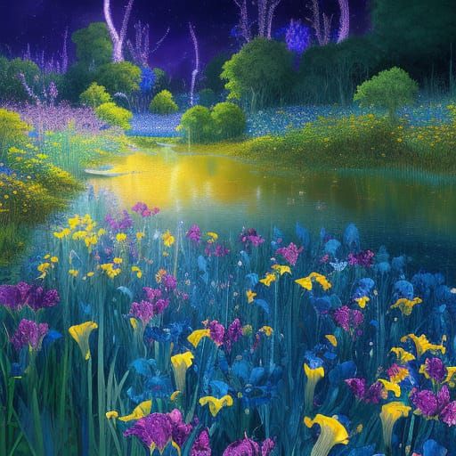 Enchanted Flower Meadow Under Starry Night Sky