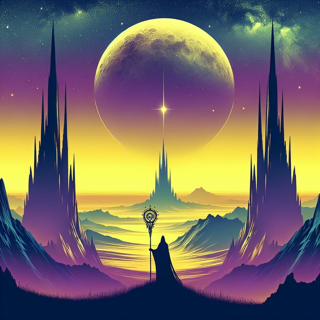 Mystical Landscape with Towers and Oversized Moon