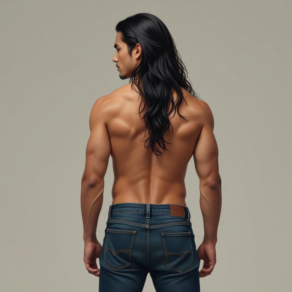 Young Thai Man with Long Hair, Barefoot in Jeans