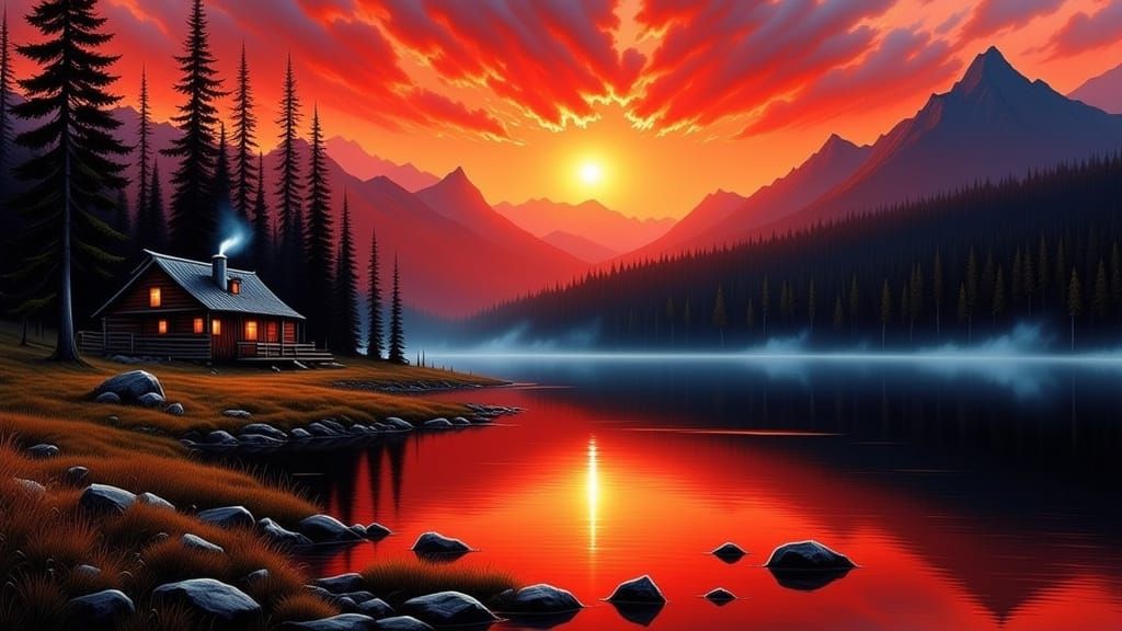 Serene Sunset on a Mountain Lake in a Romantic Landscape Sty...