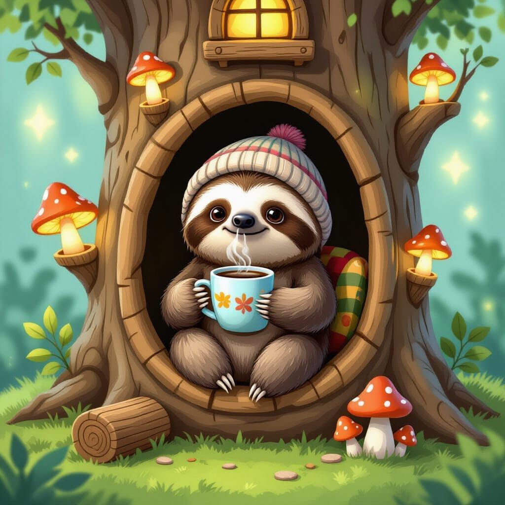 Cozy Sloth in Miniature Treehouse Log, Storybook Style