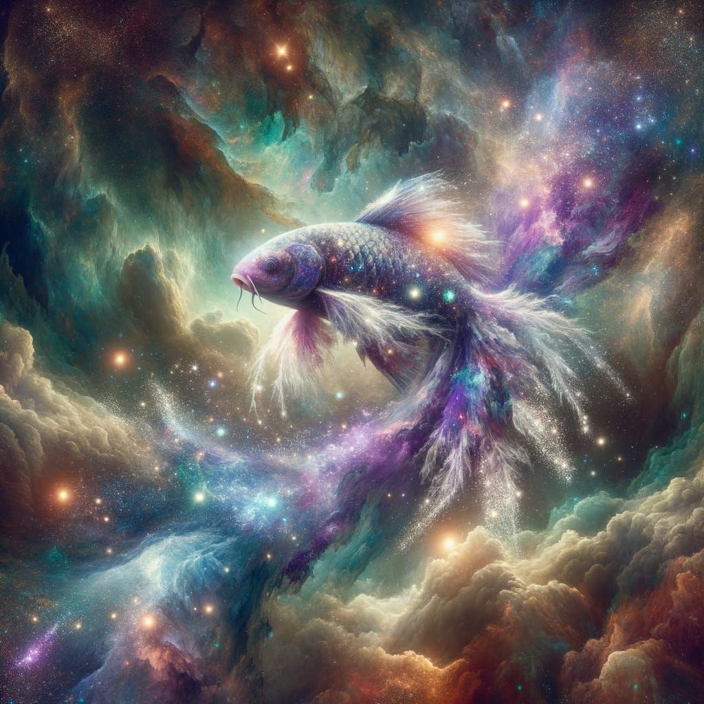 A cosmic koi fish swims through a nebula, its scales shimmer...