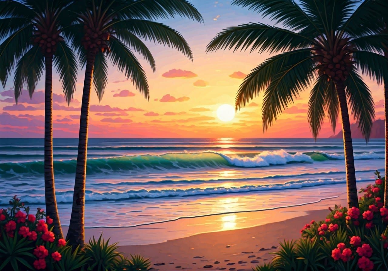 Tropical Beach Sunset in Impressionist Style