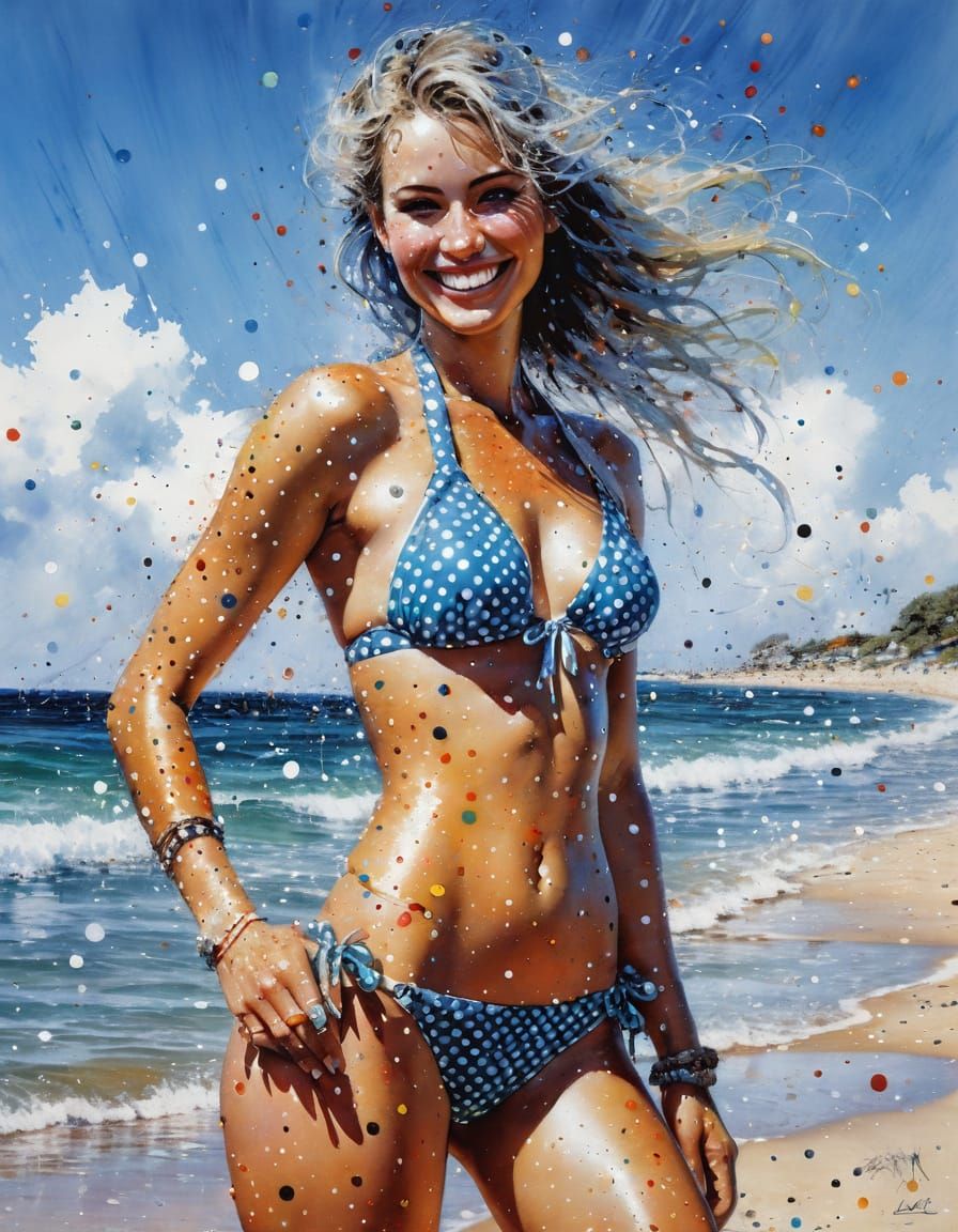 Woman in Polka Dot Bikini at Beach, Vibrant Abstract Style
