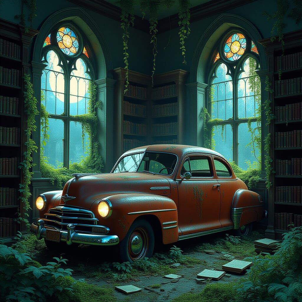 Abandoned Car in Moonlit Overgrown Library Illustration