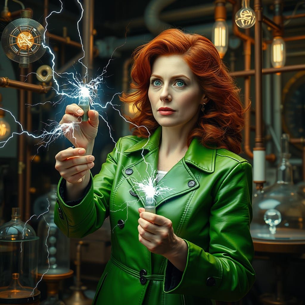 Electrifying Woman in Surreal Laboratory: Art Nouveau Style