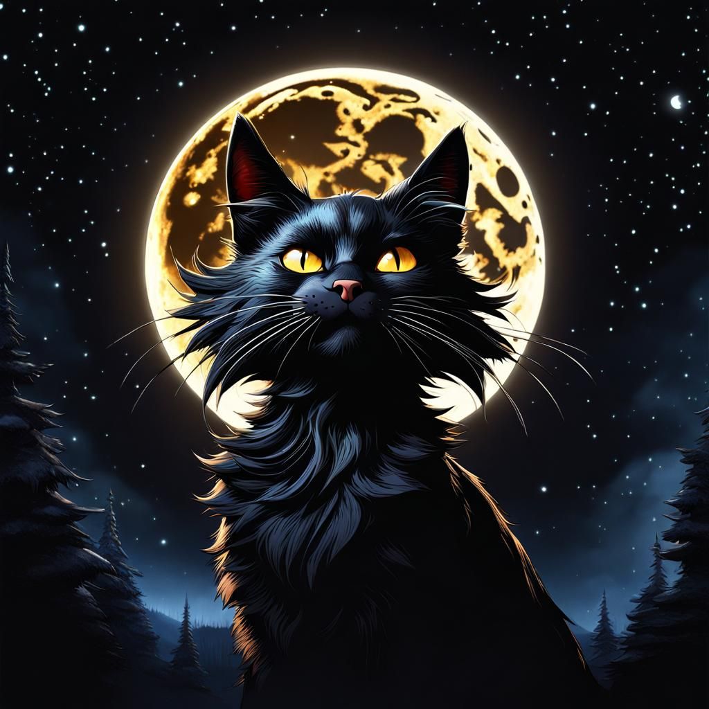 Angry Black Cat Bites the Moon, Hyperrealistic Art