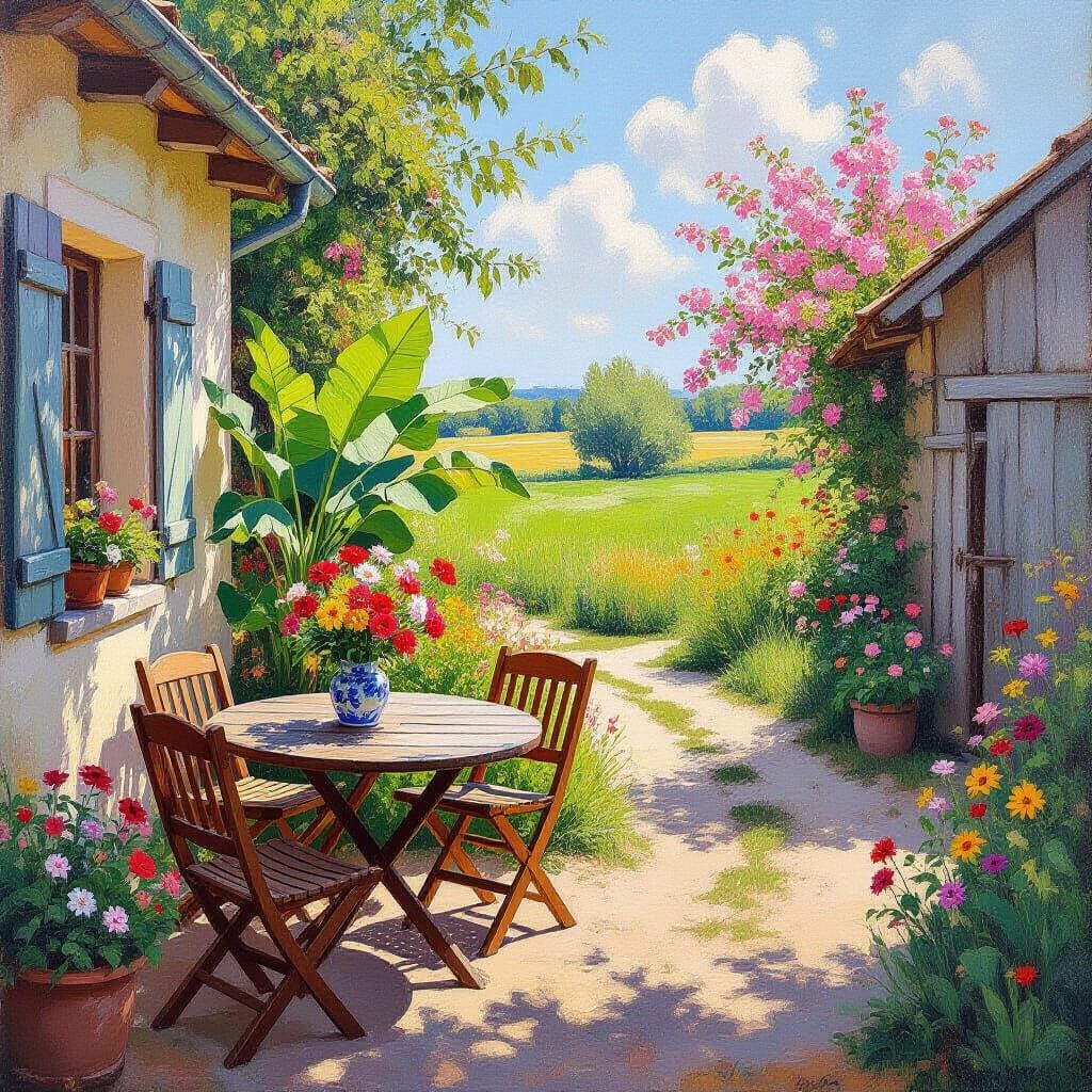 Impressionist Courtyard with Flowers and Rustic Shed