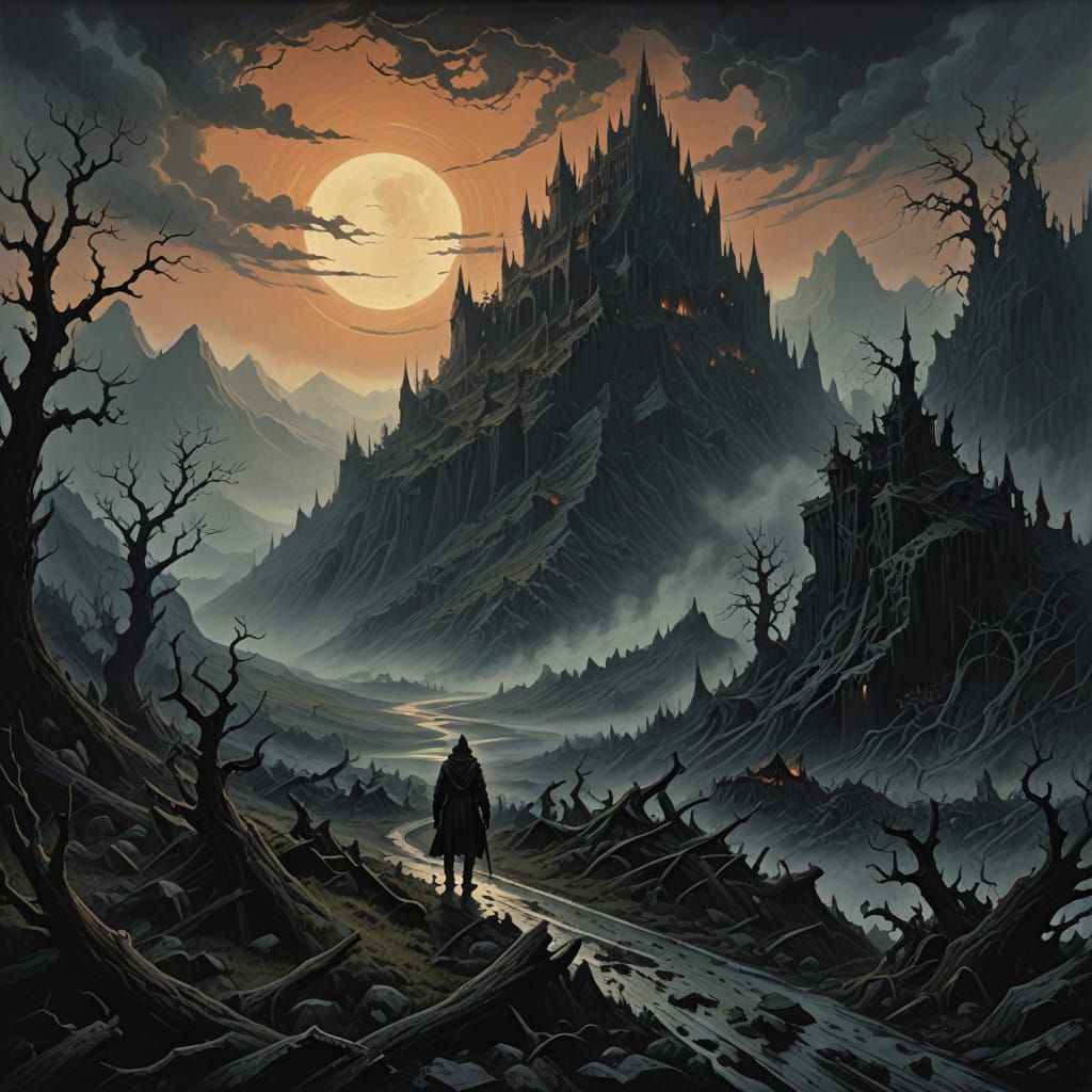 Twisted Mountain of Dark Descent in Gothic Horror Style