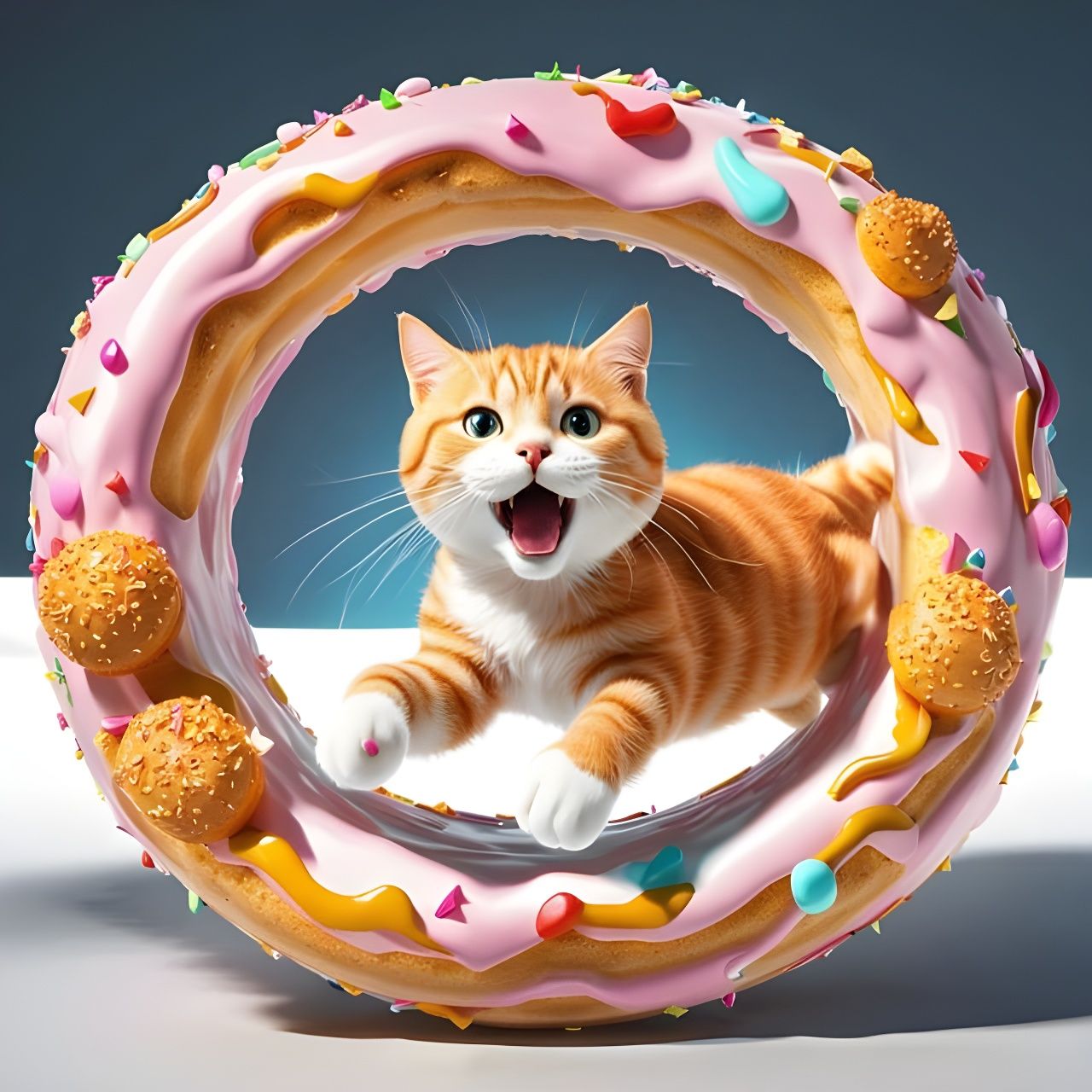 Ginger Bobtail Cat Jumps Through Donut Hole