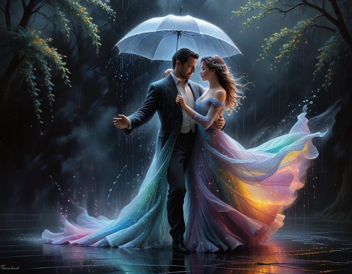 Ethereal Couple Dancing in Pastel Neon Rain