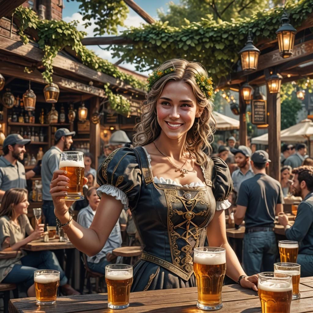 Cozy 3D Beer Garden with Humanoid Waitress