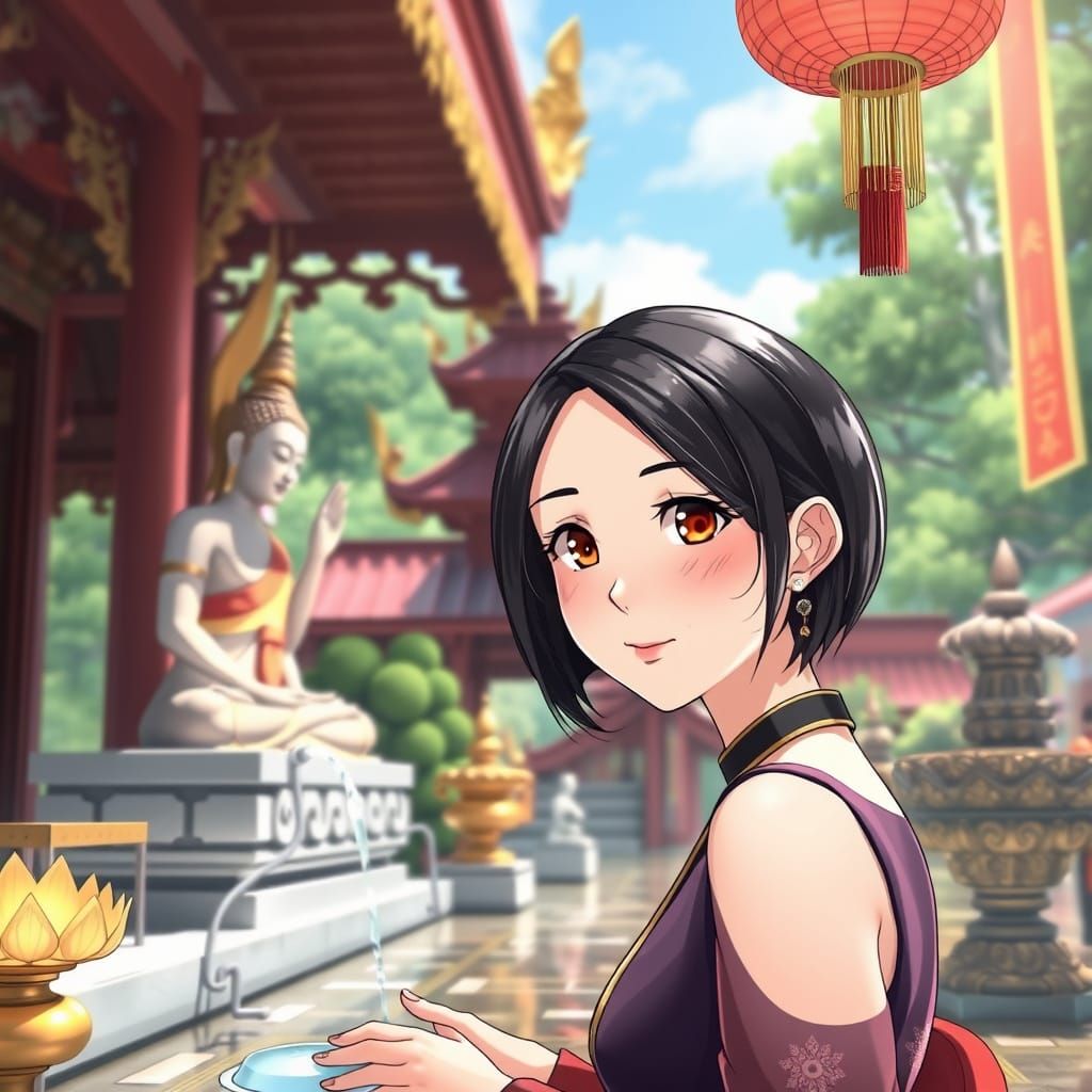 Thai Woman Visits Temple for Songkran Day