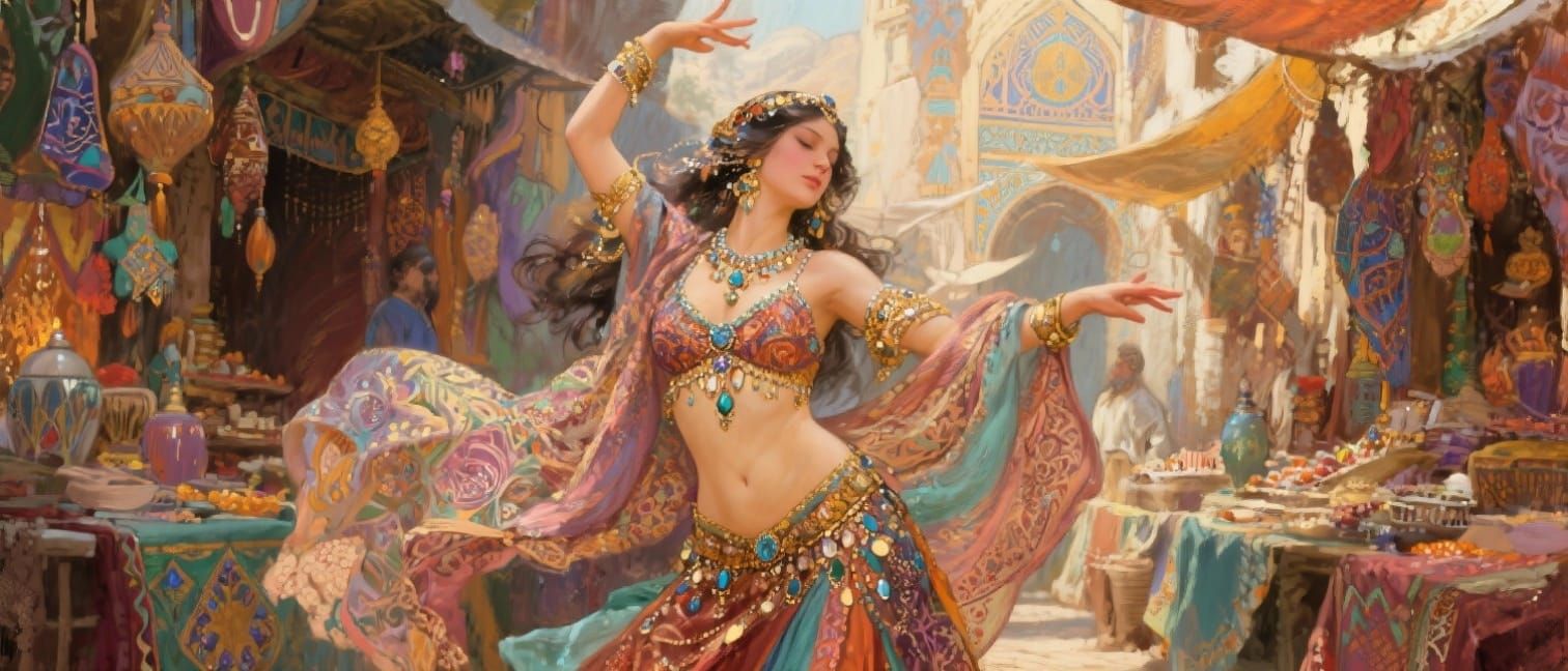 Elegant Belly Dancer in Middle Eastern Market