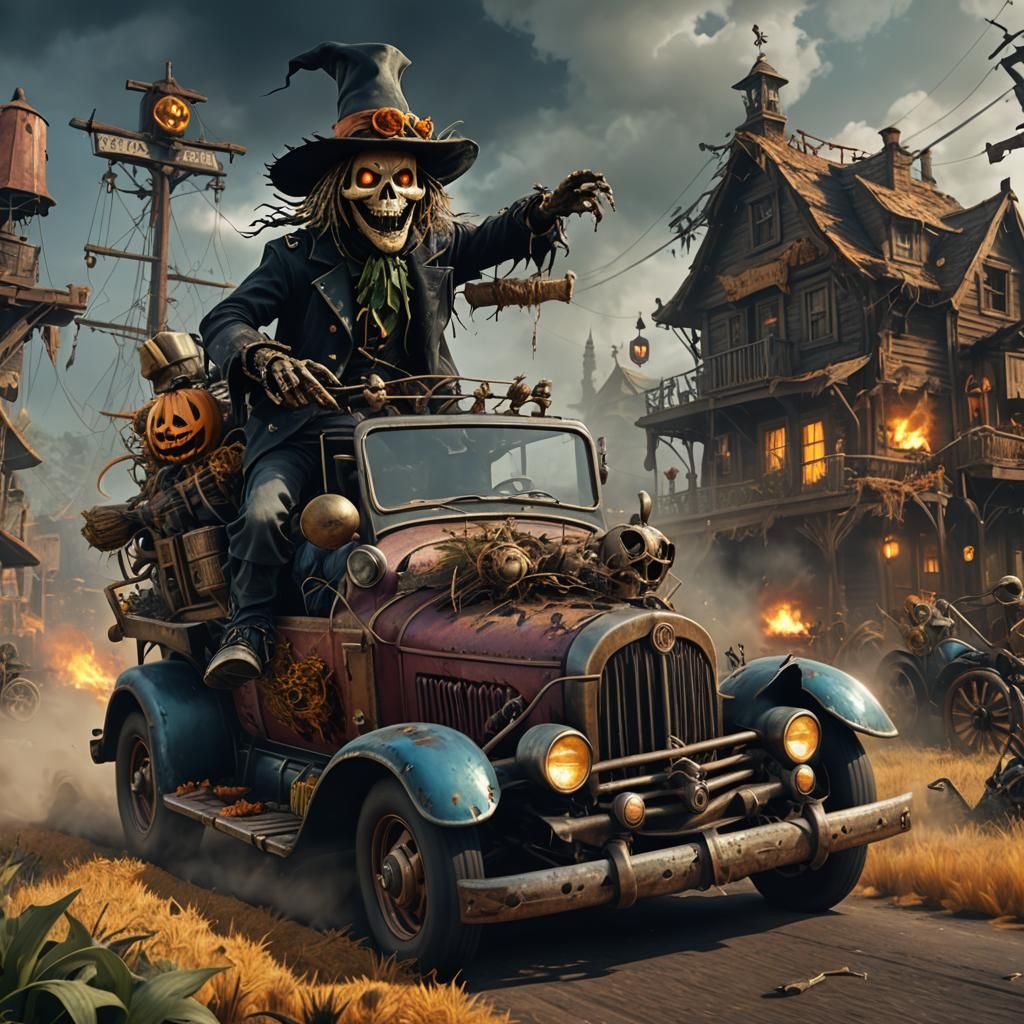 Steampunk Scarecrow Driving a Scary Car