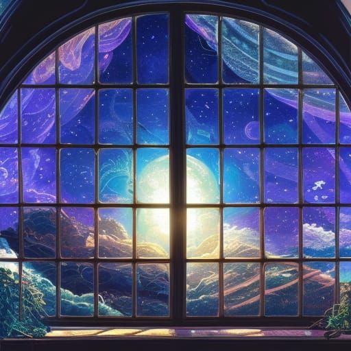 Detailed Window with Starry Sky and Northern Lights