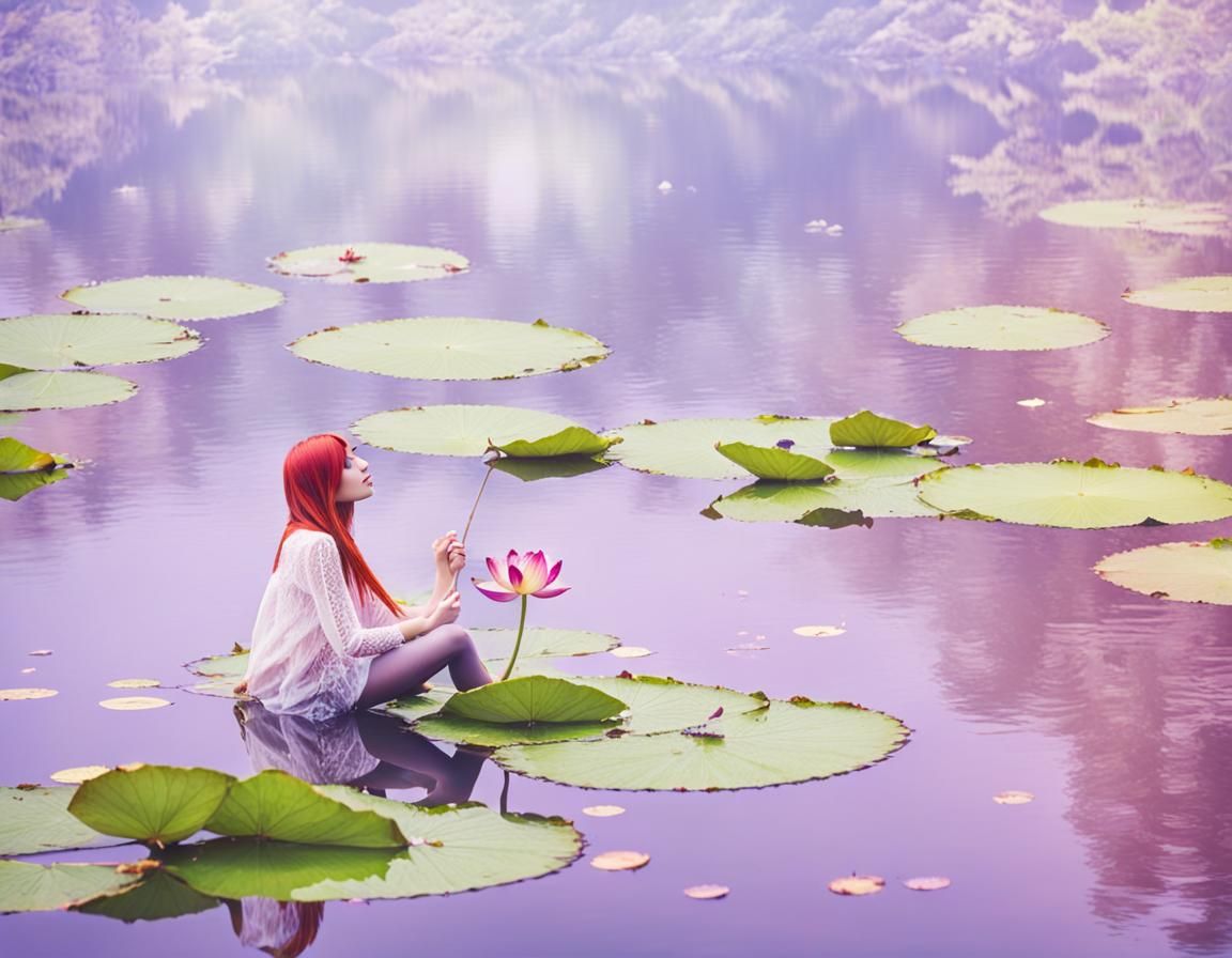 Girl on Leaf in Lake with Castle and Lotus