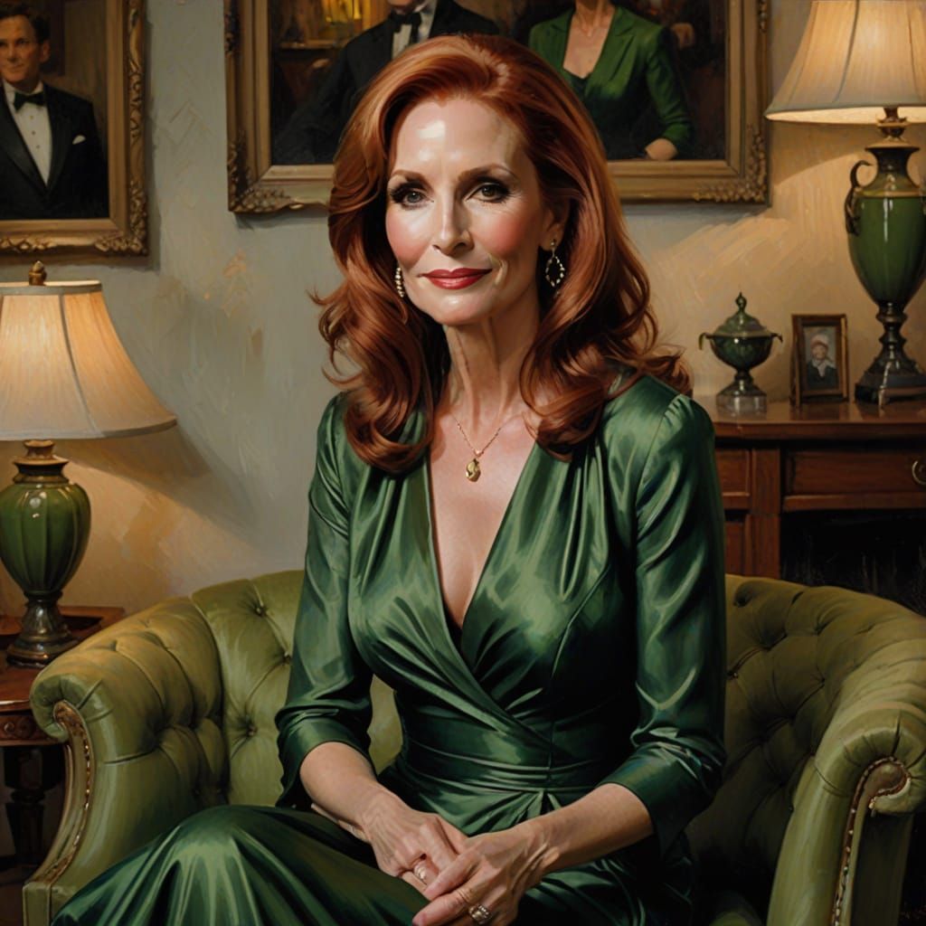 Elegant Woman in Green Gown: Impressionistic Oil Portrait